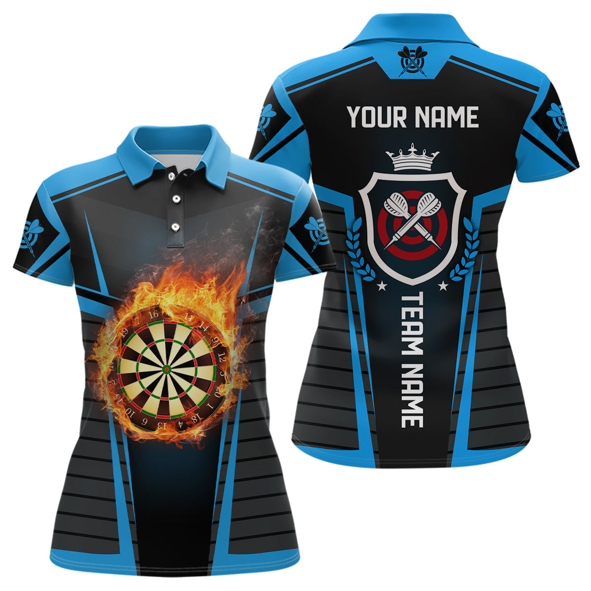 Darts Flame Schwarz Blau Damen Dart Shirt – Individuelles Cooles Dart Shirt für Damen, Dart Trikot LDT0896