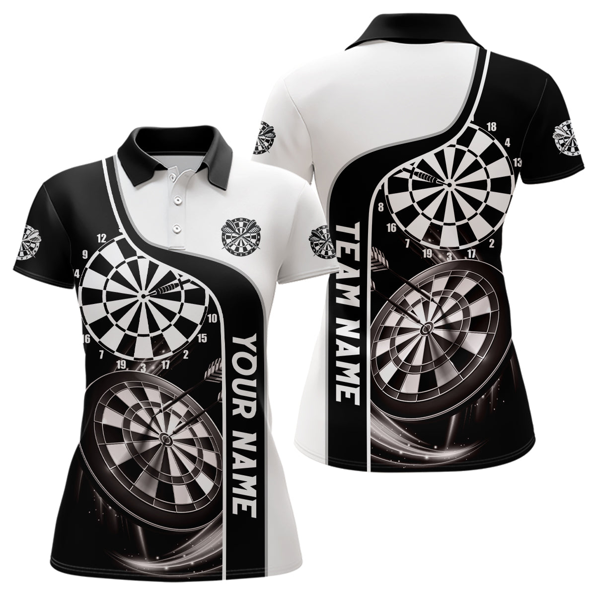 Schwarz-Weiß Darts Poloshirt mit Namen – Individuelle Darts Shirts für Damen Dart Trikot LDT0305