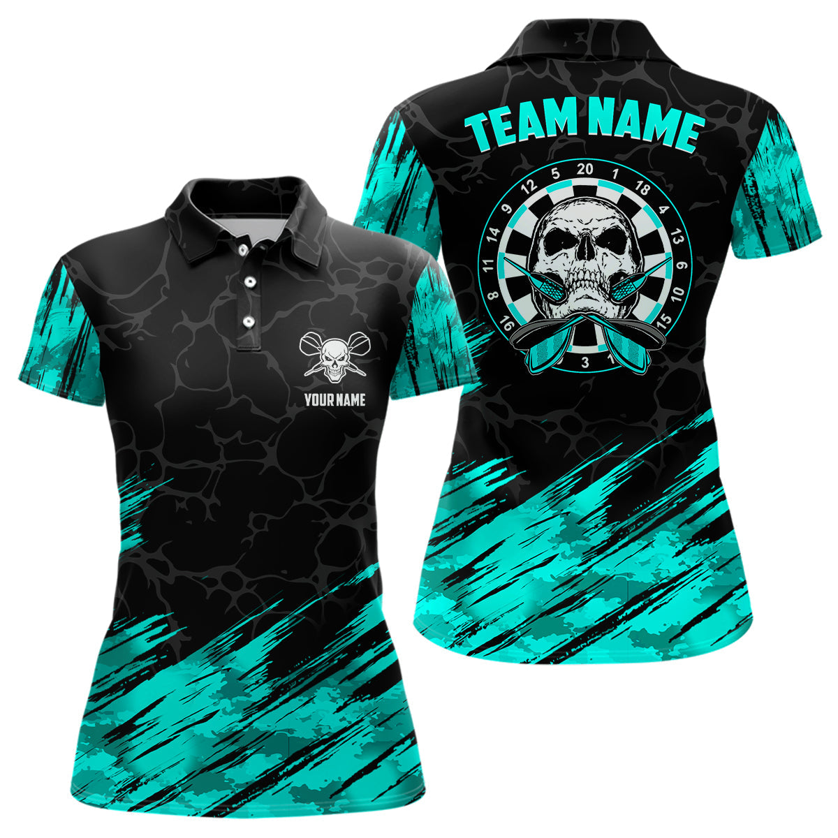 Personalisierte All Over Print Skull Darts Polo Shirt, Türkis Schwarz Damen Dart Trikots LDT0903