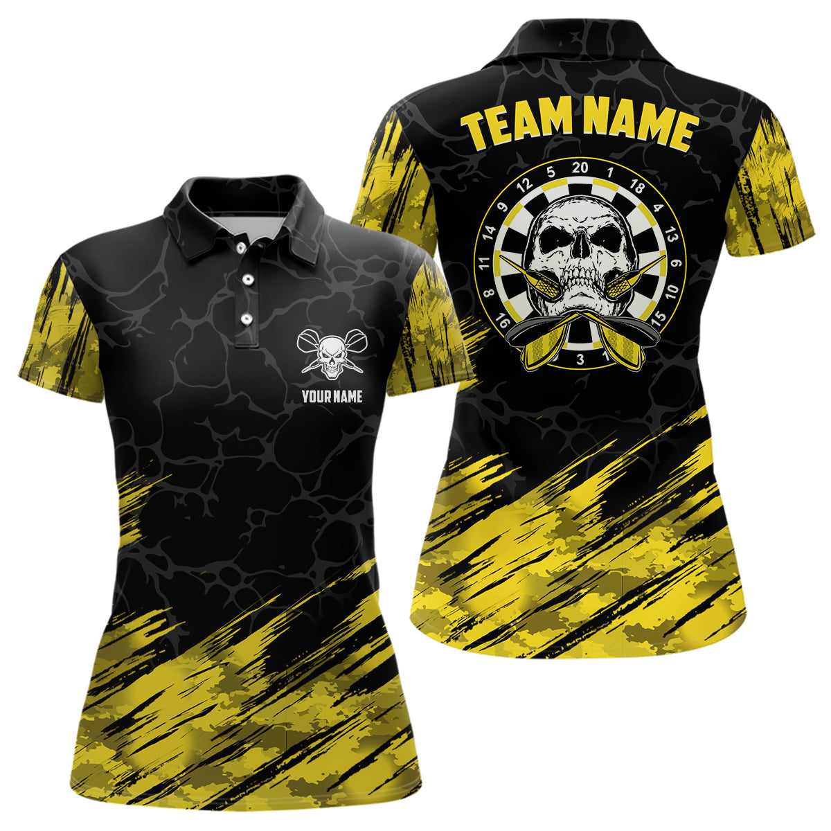 Individuelles All Over Print Skull Darts Damen Polo Shirt, Gelb Schwarz Damen Dart Trikots LDT0904