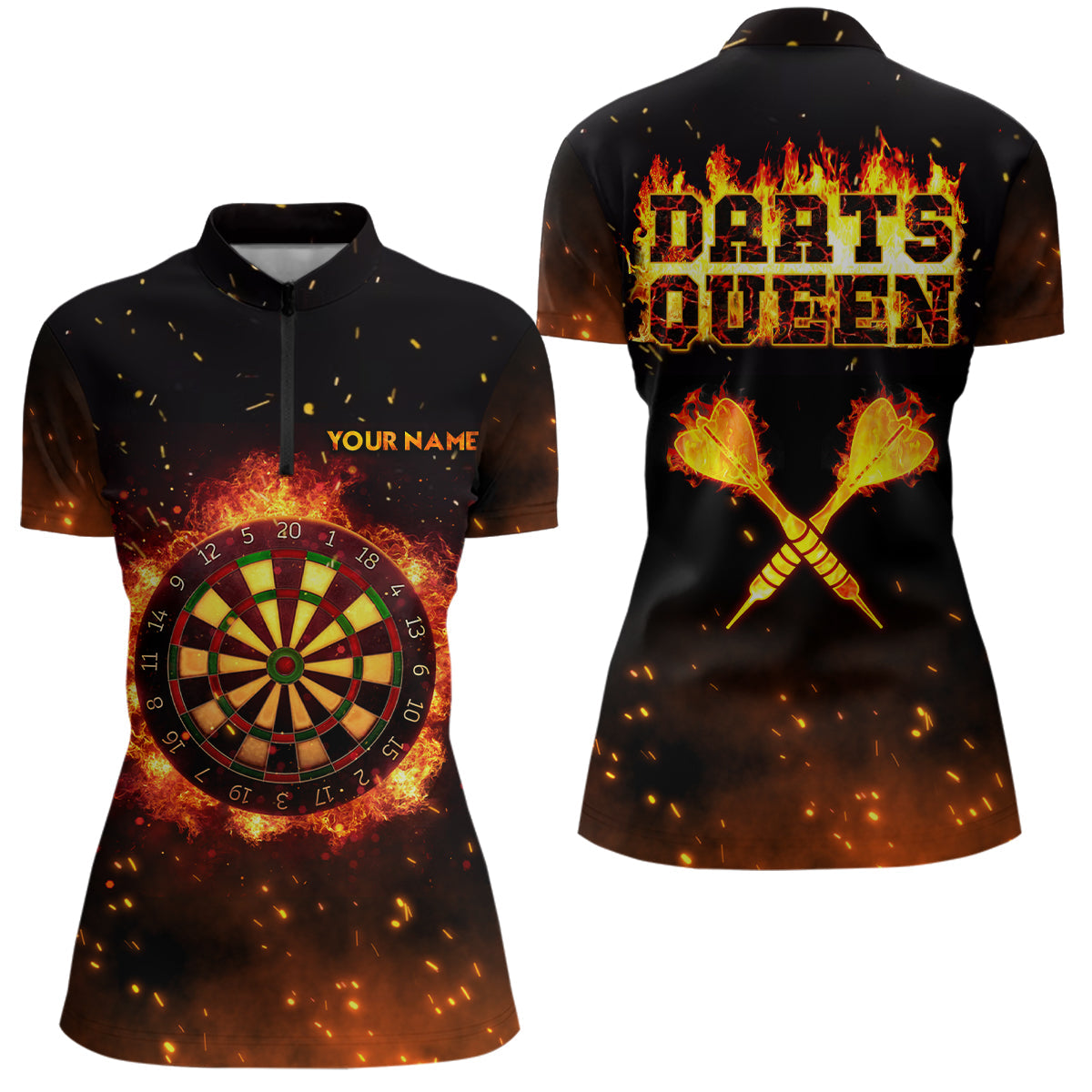 Individuelles Flammen Darts Queen Quarter-Zip Shirt mit Namen – Feuer Darts Trikot für Frauen LDT0312