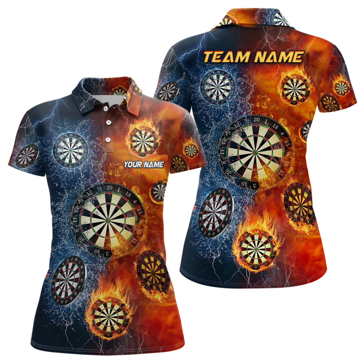 Feuer und Wasser Darts Poloshirt – Personalisiertes Darts Shirt für Damen Dart Team Trikot LDT0635
