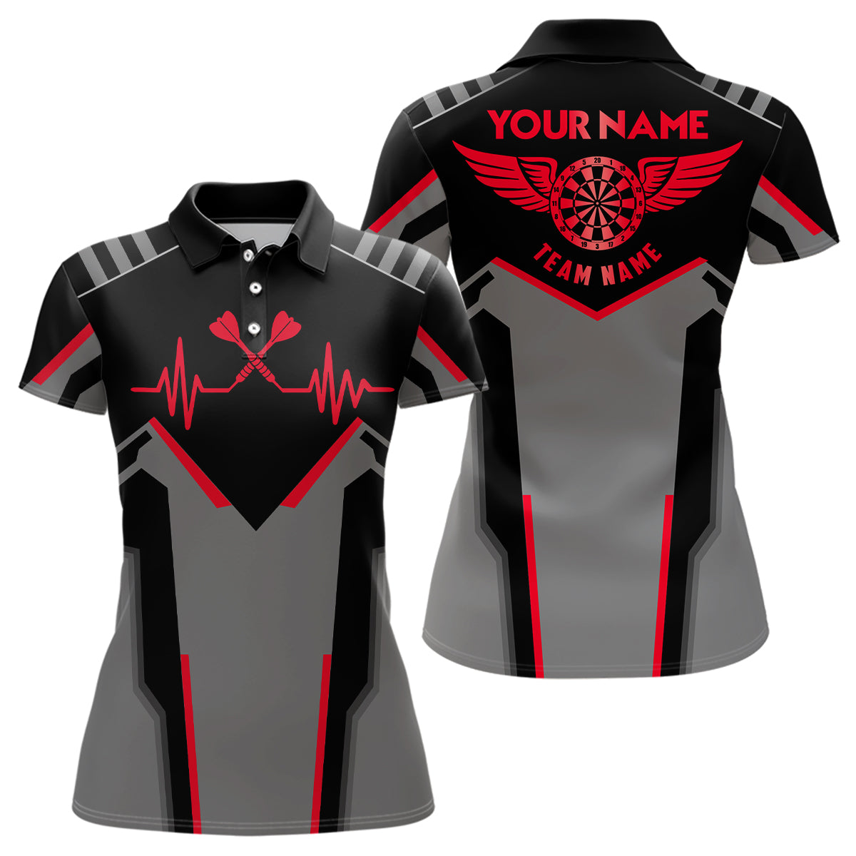 Damen Herzschlag-Linie Darts Poloshirt – Individuelles Rotes Herzschlag Dart Trikot für Damen LDT0333