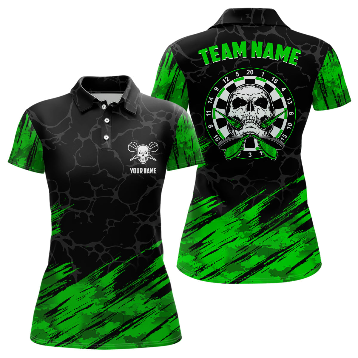 Individuelles 3D-Rundumdruck Totenkopf Darts Poloshirt Grün Schwarz – Dart Trikot für Damen LDT0646