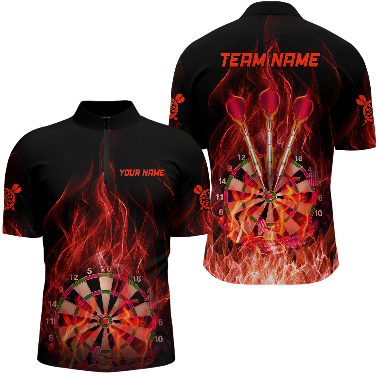 Rote Feuerflamme Männer Darts Quarter-Zip Shirt – Individuelle Dart Shirts für Männer Dart Trikots LDT1327
