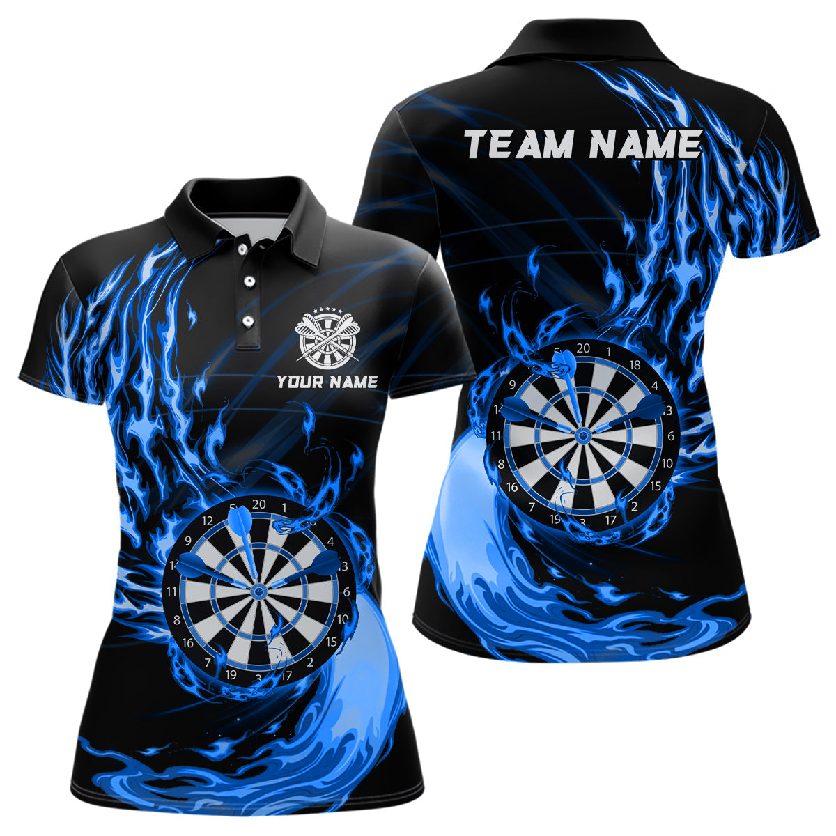 Blau Feuer Dartboard Damen Darts Poloshirt – Individuelles Dart Shirt für Frauen Dart Trikots LDT1472
