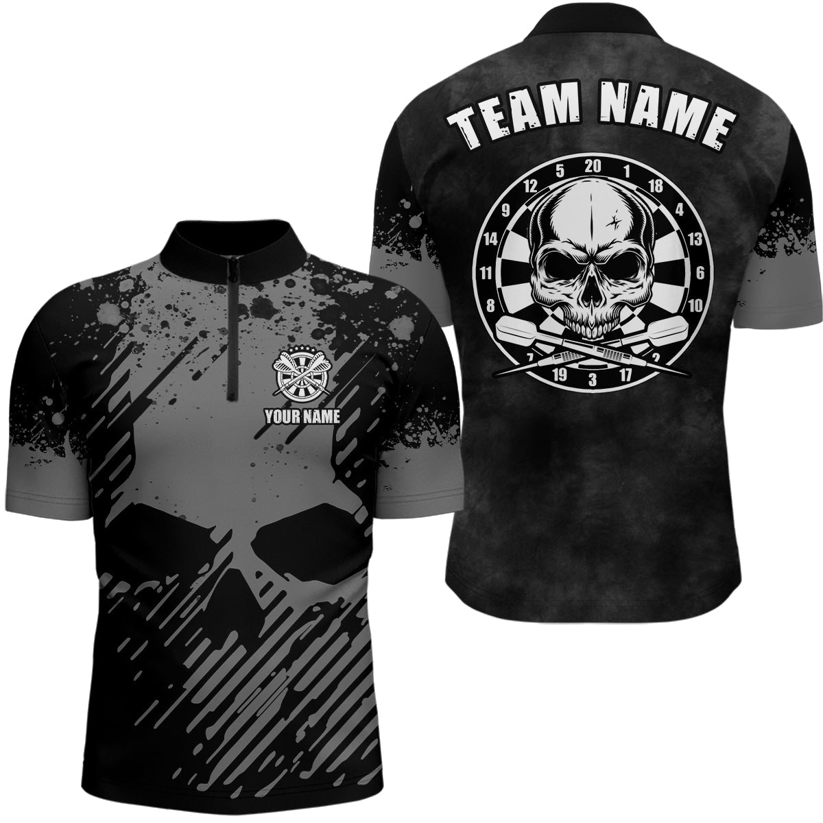 Individuelles Schwarz Grau Grunge Darts Quarter Zip Shirt – Skull Dart Shirt für Männer Dart Trikot LDT0681