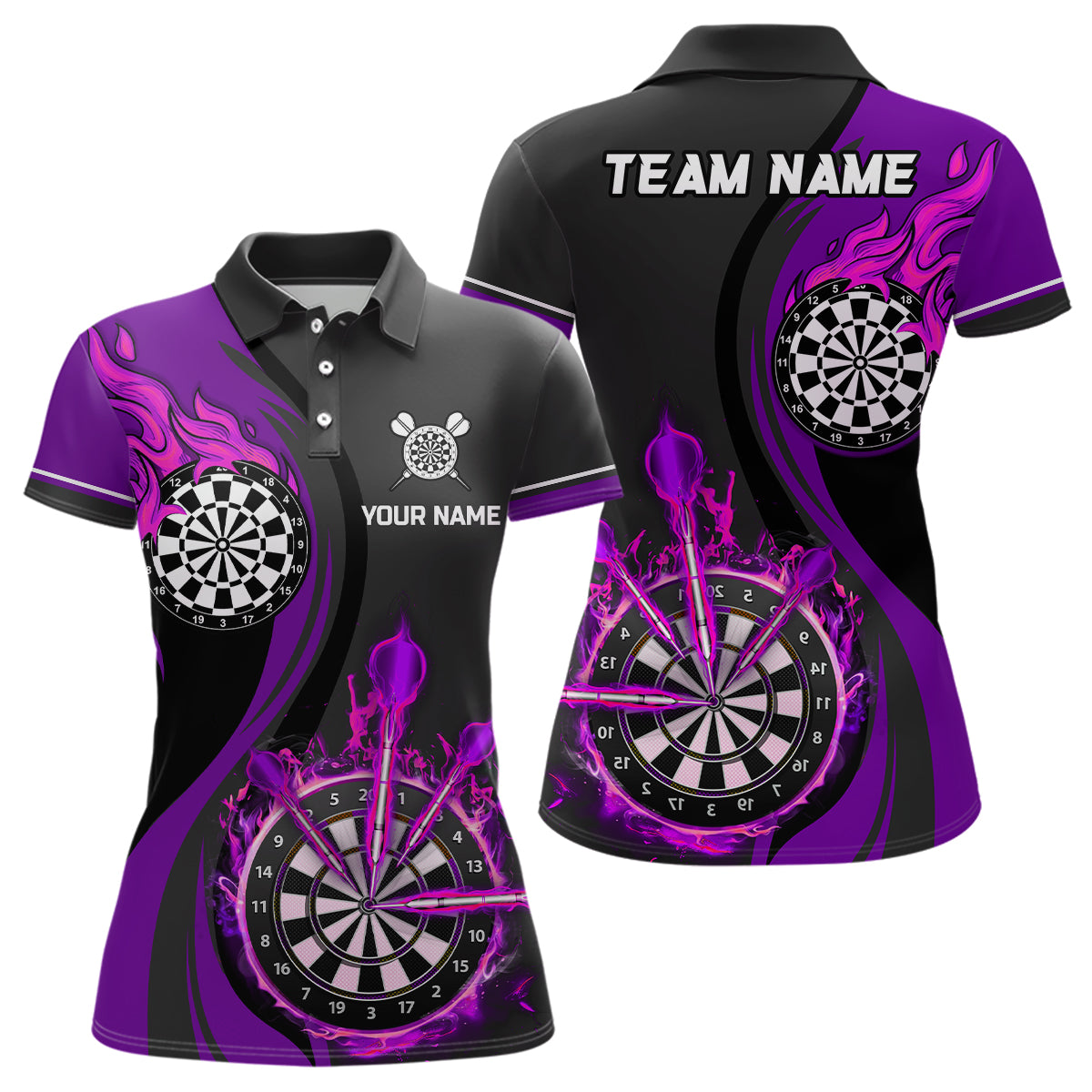 Lila Feuerflamme Damen Darts Poloshirt – Individuelle Dart Shirts für Frauen Dart Trikots LDT1477