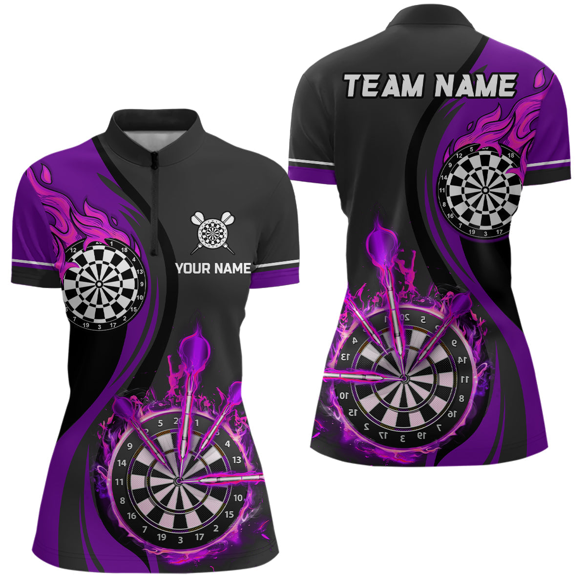 Lila Feuer Flame Damen Dart Quarter-Zip Shirt – Individuelles Dart Trikot LDT1477