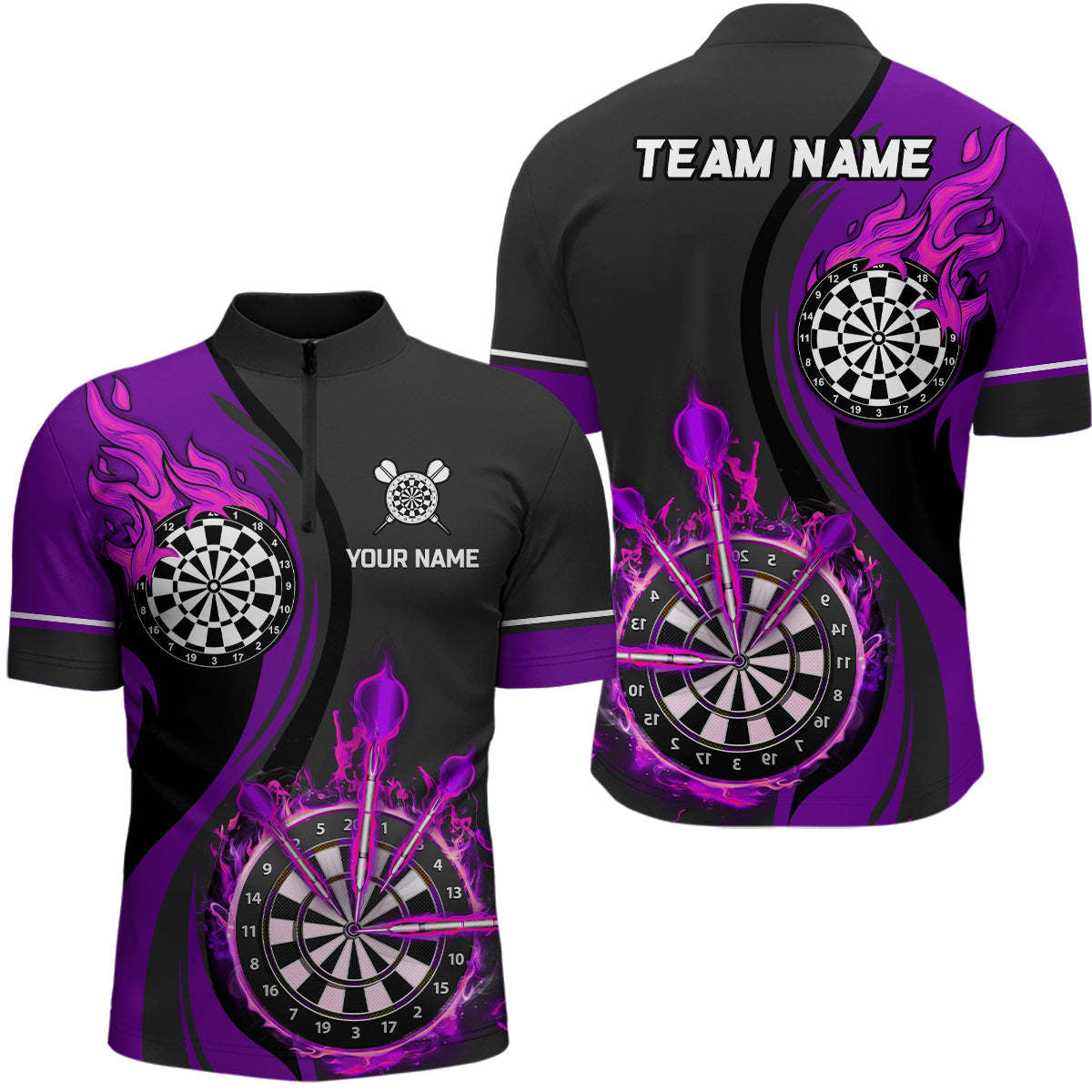 Lila Feuerflamme Männer Darts Quarter-Zip Shirt – Individuelle Dart Shirts für Männer Dart Trikots LDT1477