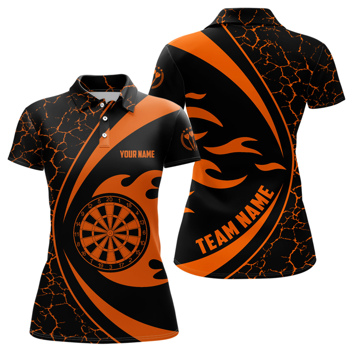 Individuelles Orange Flammen Darts Damen Poloshirt – Darts Shirt für Damen Darts Trikot LDT0711