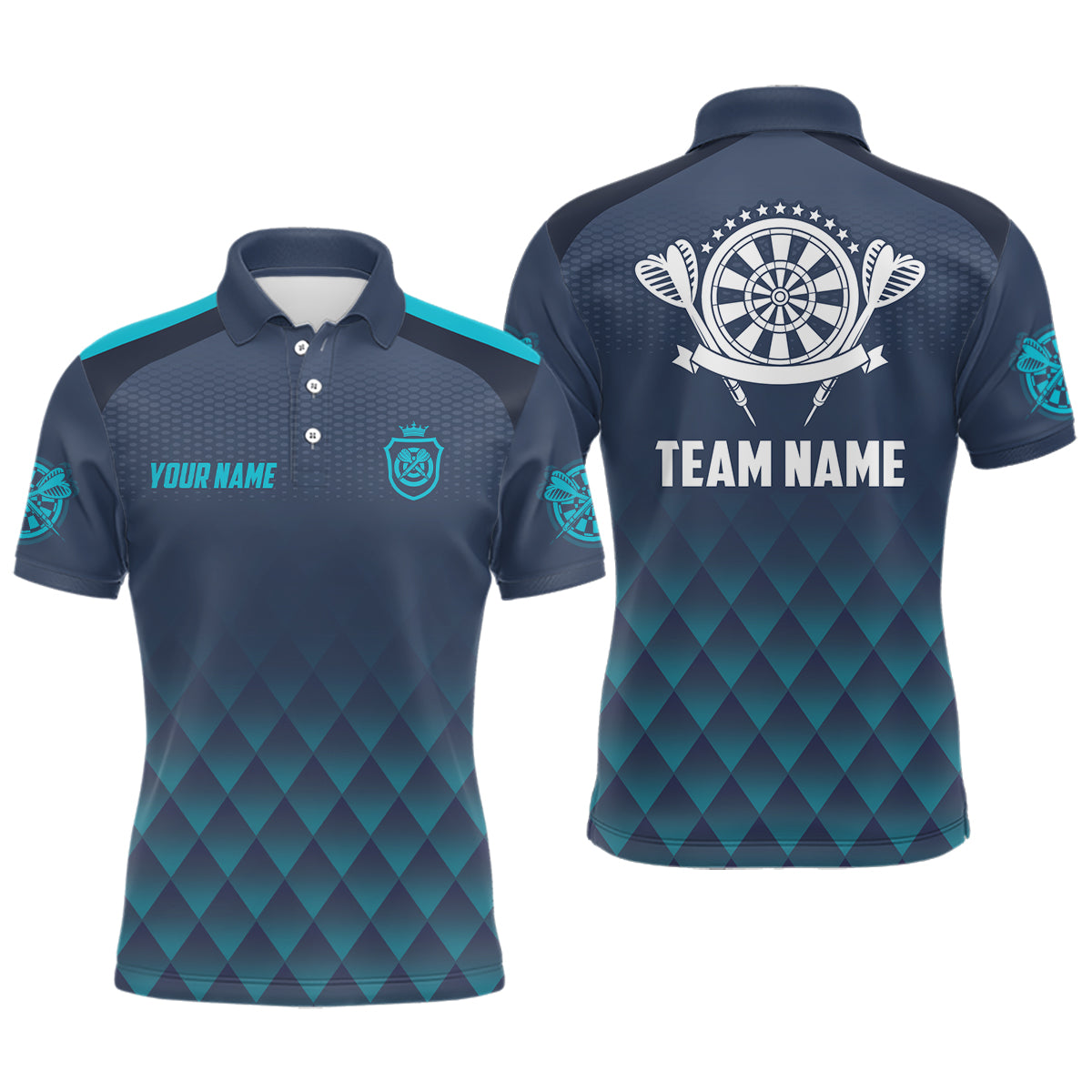 Personalisierte Dart-Poloshirts mit blau-marine geometrischem Muster – Basic Darttrikot für Männer LDT0420