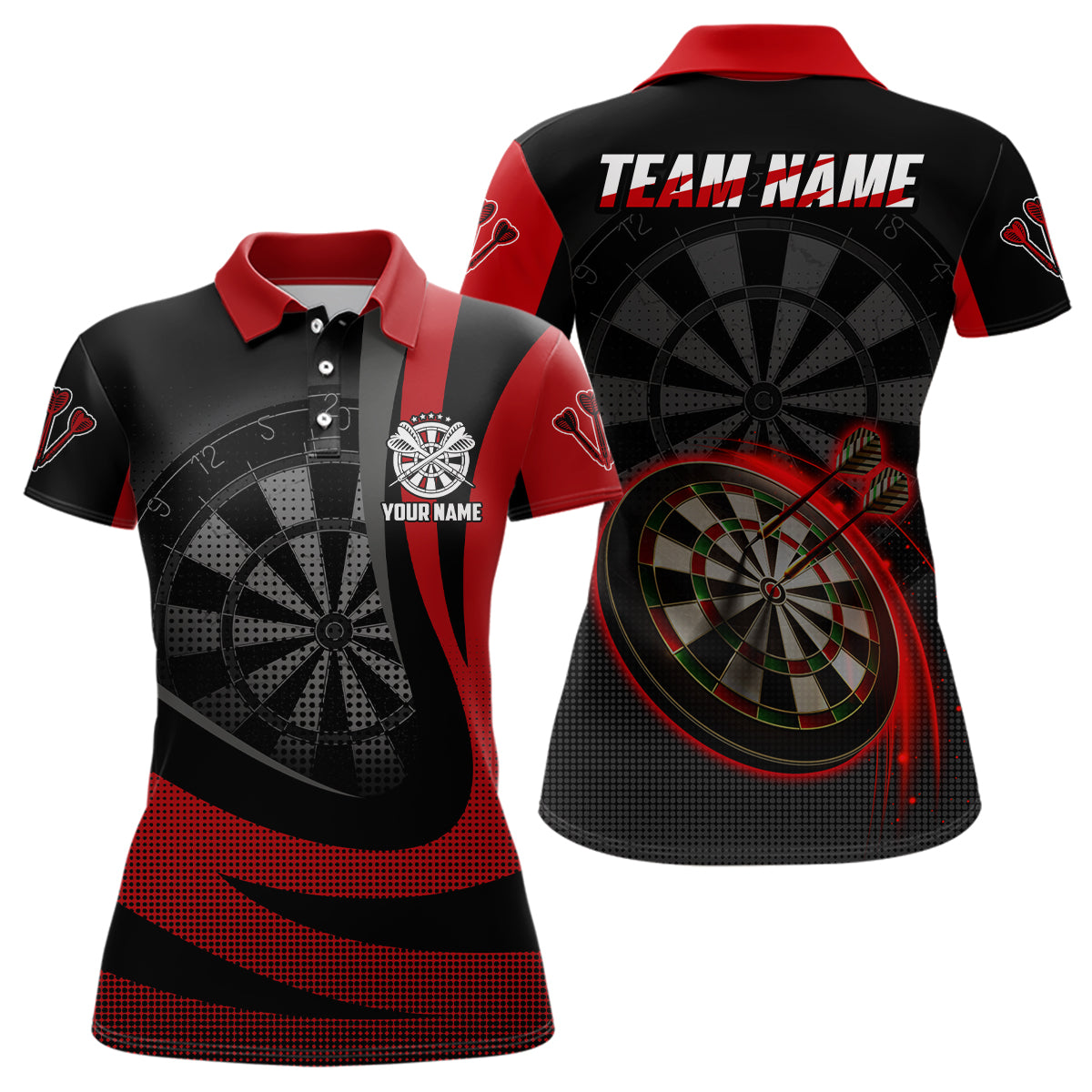 Individuelles Schwarz-Rot 3D Damen Darts Poloshirt – Individuelles Cooles Darts Team Trikot für Damen LDT0737