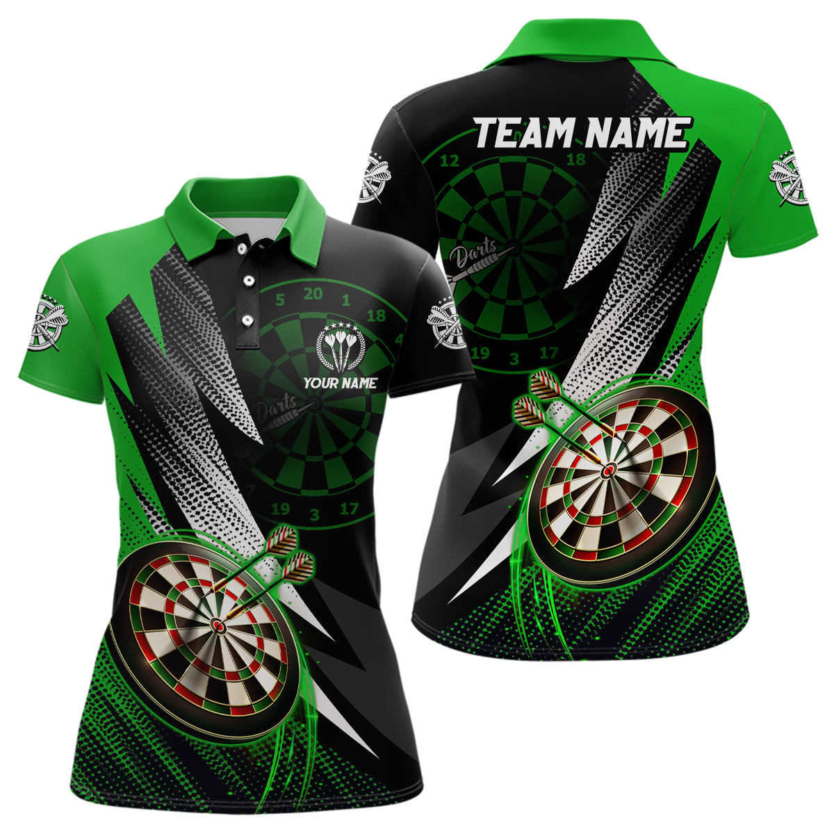 Personalisierte Grün Schwarz Darts Polo Shirt, Individuelles Cooles Dart Shirt für Damen, Team Trikot LDT0960