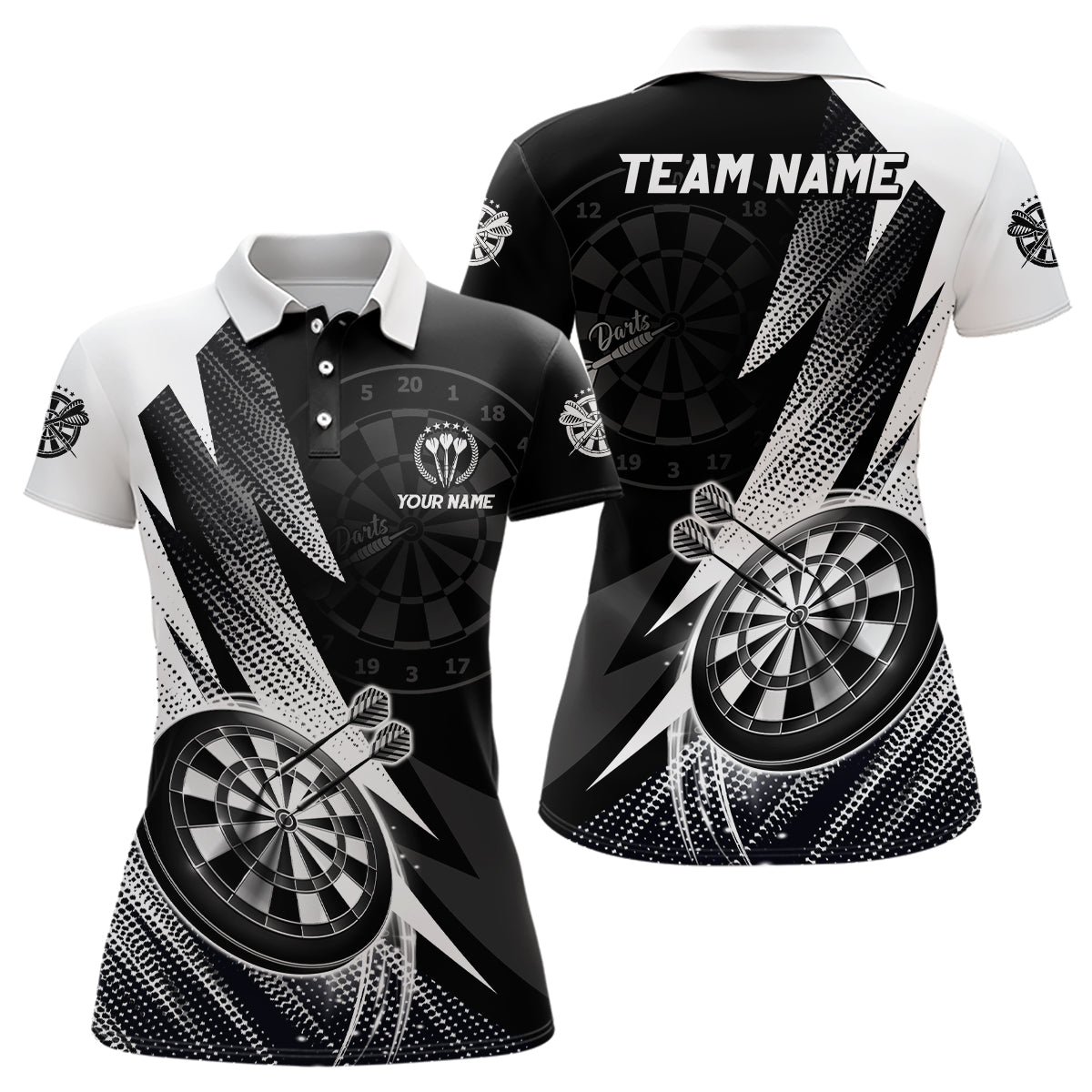 Personalisiertes Schwarz Weiß Darts Poloshirt – Individuelles Cooles Darts Shirt für Damen Team Trikot LDT0961