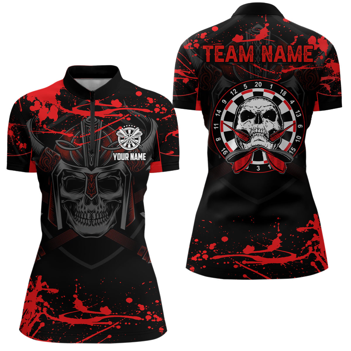 Roter Warrior Skull Damen Dart Quarter-Zip Shirt – Individuelles Gruseliges Trikot LDT0963
