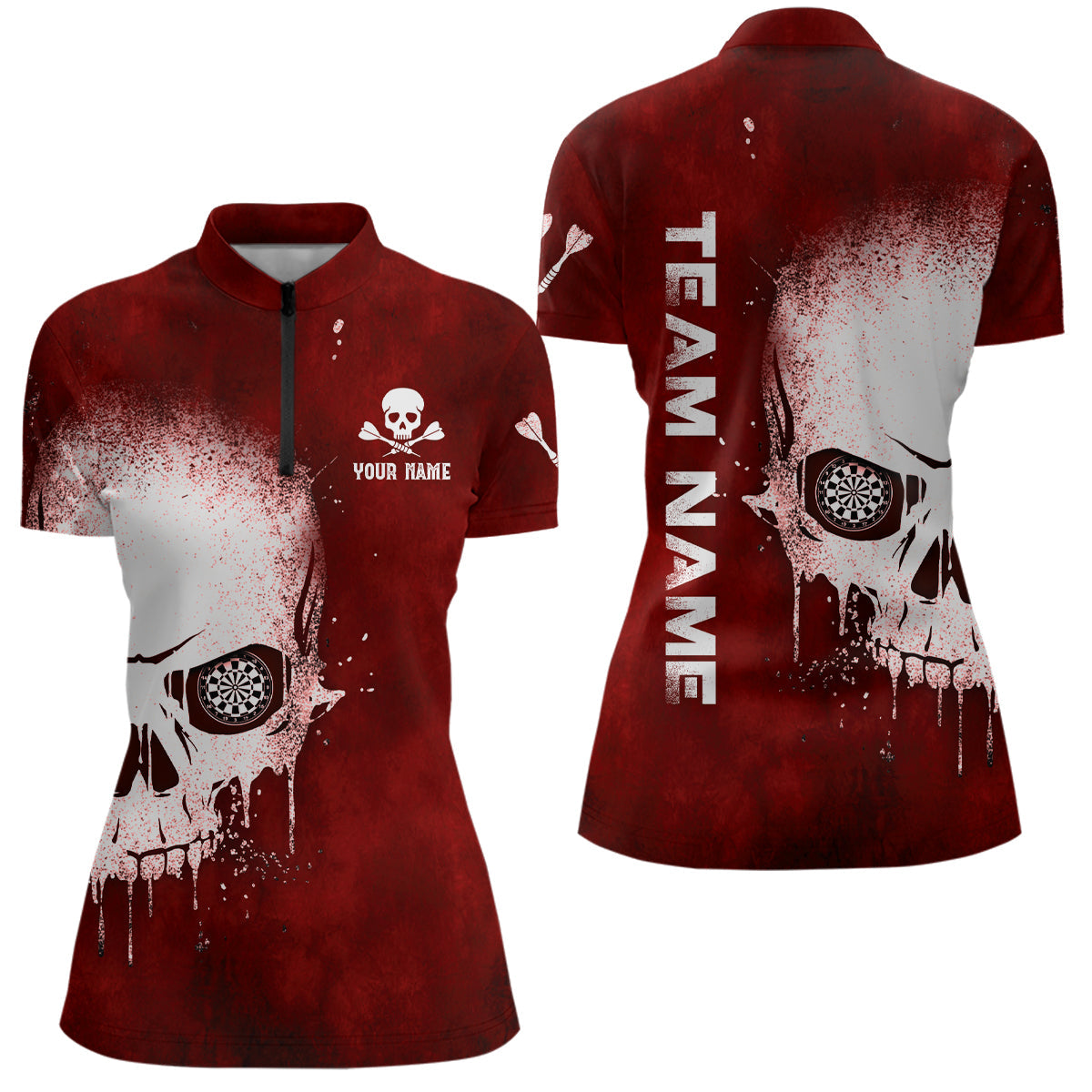 Smoke Skull Rot Darts Quarter-Zip Shirt – Individuelles Dart Shirt für Damen, Gruselige Dart Trikots LDT1375