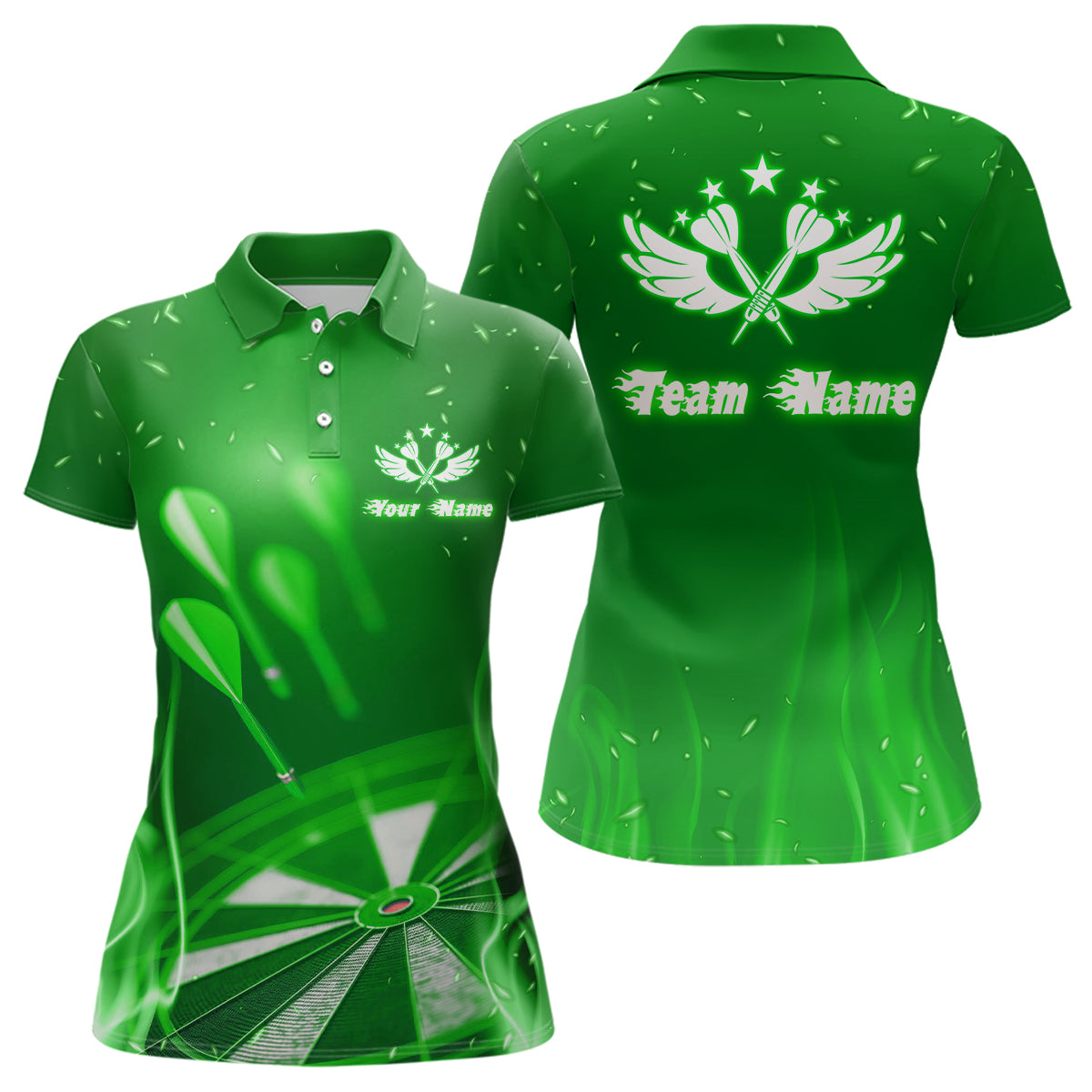Grünes Feuerflammen Stern Personalisiertes Darts Poloshirt – Individuelle coole Dart Trikots für Frauen LDT1376