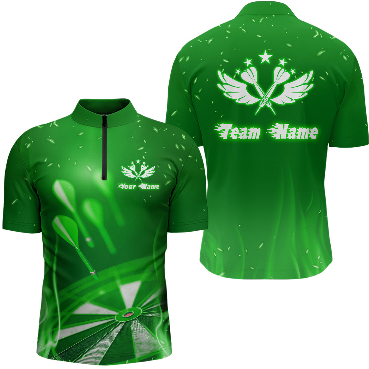 Green Fire Flame Star Individuelles Darts Quarter Zip Shirt, Cooles Dart Trikot für Herren LDT1376