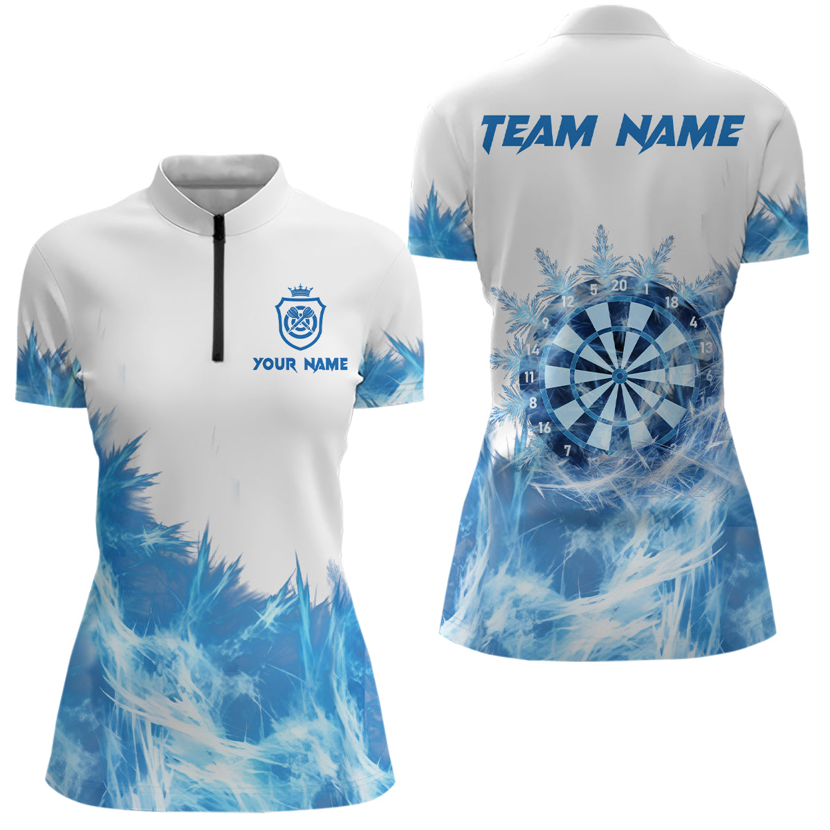 Eisiges Blau Weiß Darts Quarter-Zip Shirt – Individuelles Dart Shirt für Damen, Dart Team Trikot LDT1377