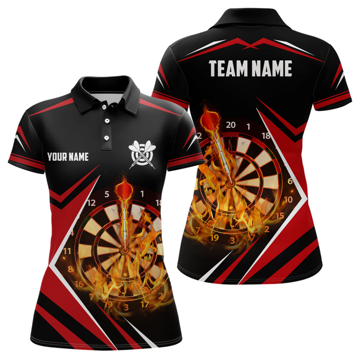 Schwarz Rot Feuerflamme Damen Darts Poloshirt – Individuelles Dart Shirt für Frauen Dart Trikots LDT1388