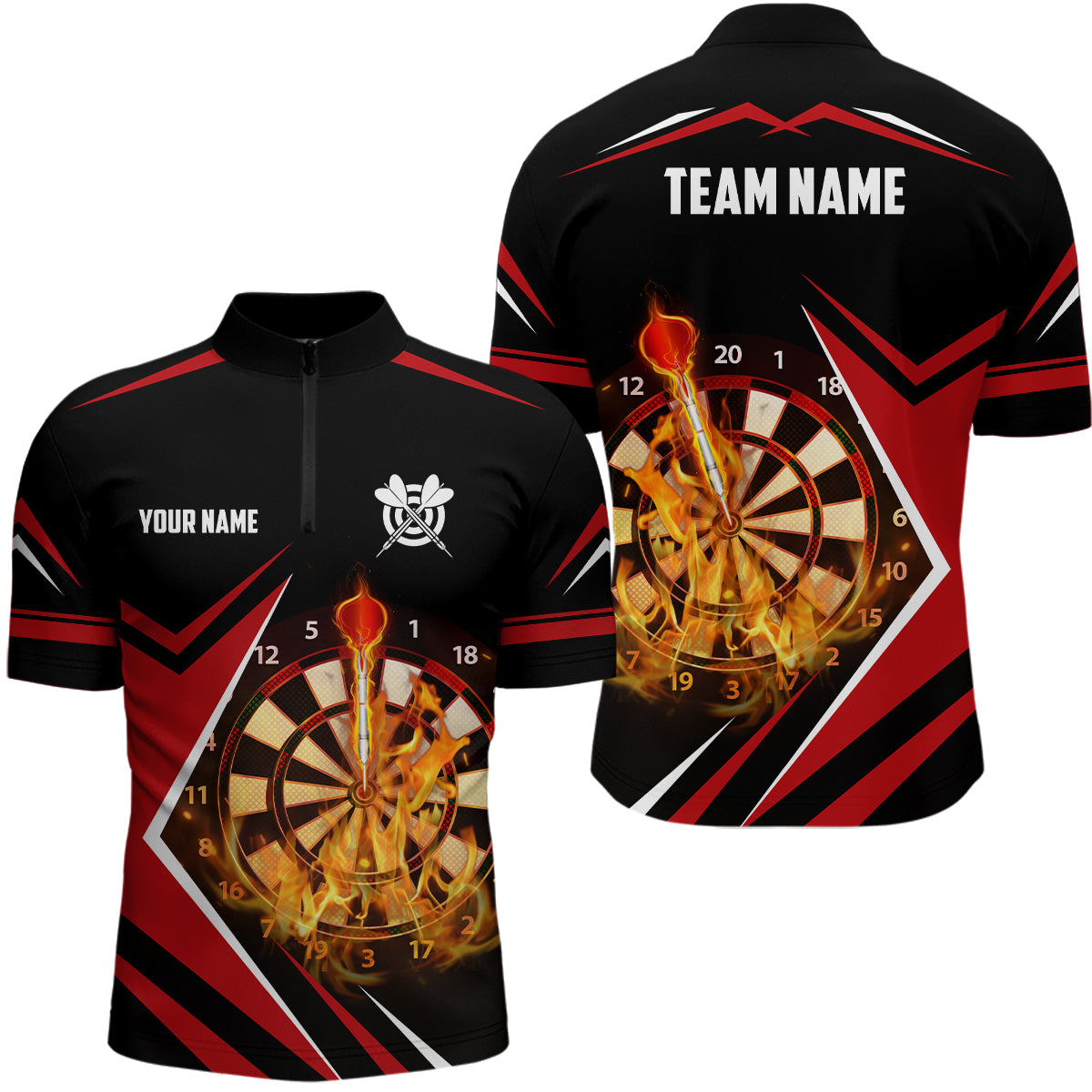 Schwarz Rot Fire Flame Darts Quarter Zip Shirt, Individuelles Dart Shirt für Herren, Dart Trikots LDT1388