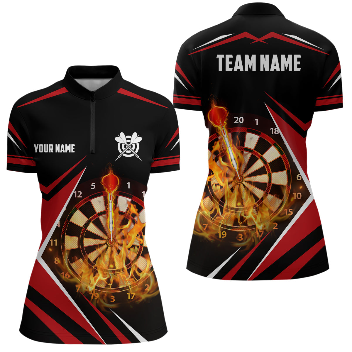 Schwarz Rot Fire Flame Darts Quarter-Zip Shirt – Individuelles Dart Shirt für Damen, Dart Trikots LDT1388