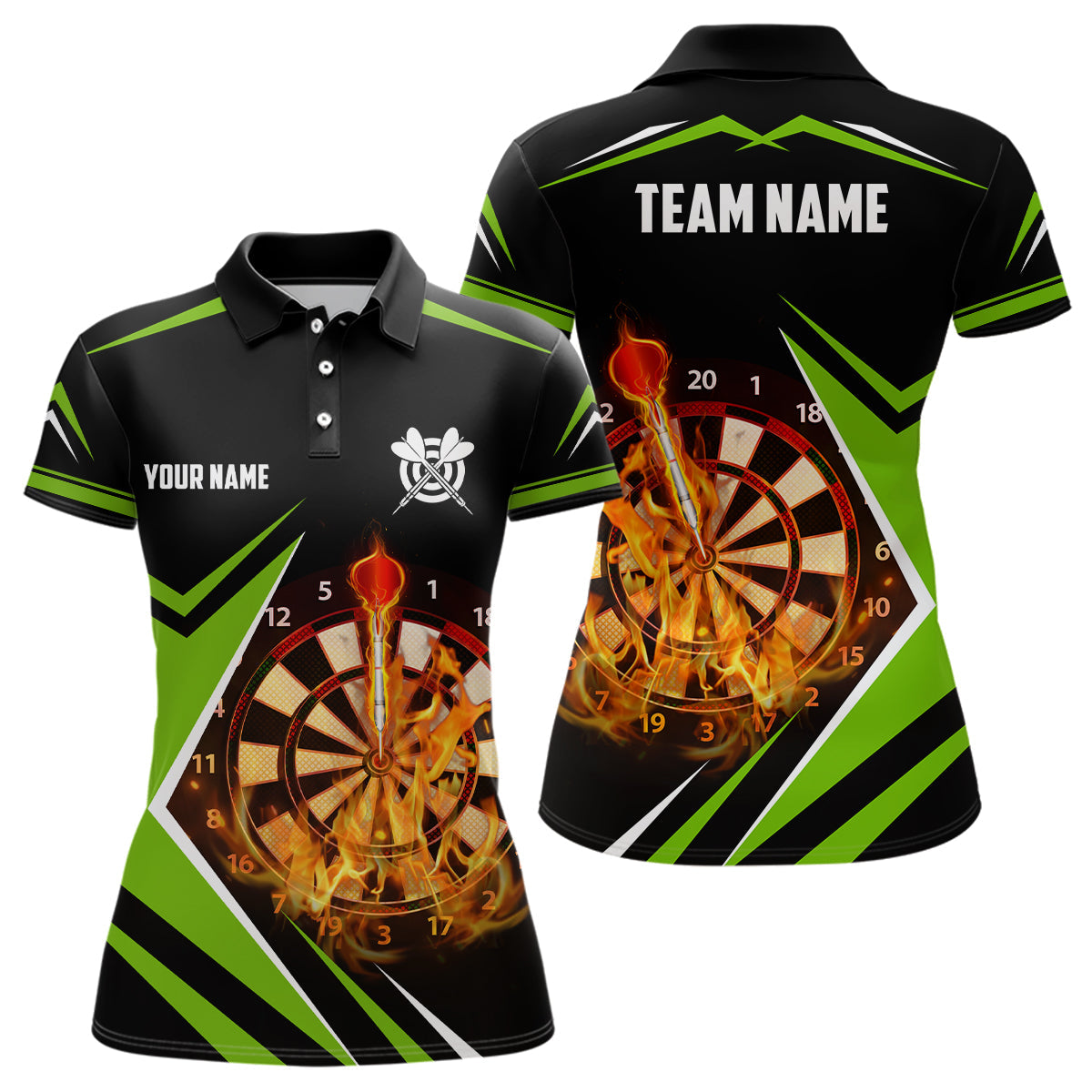 Schwarz Grün Feuerflamme Damen Dart Poloshirt – Individuelles Dart Team Trikot LDT1389