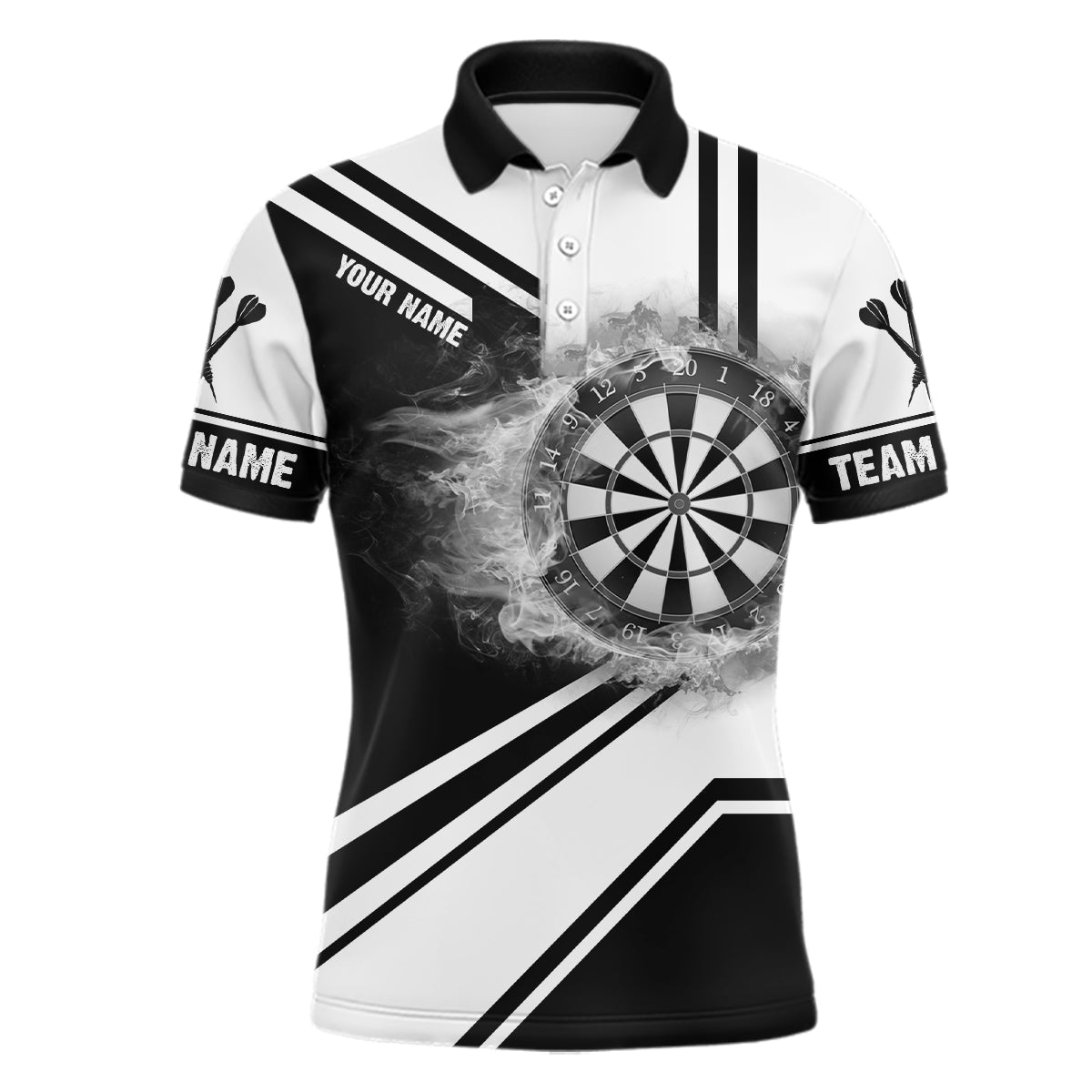 Individuelles schwarz-weißes Feuerflammen-Dartboard Herren Poloshirt – Individuelles Darttrikot für Männer LDT0993
