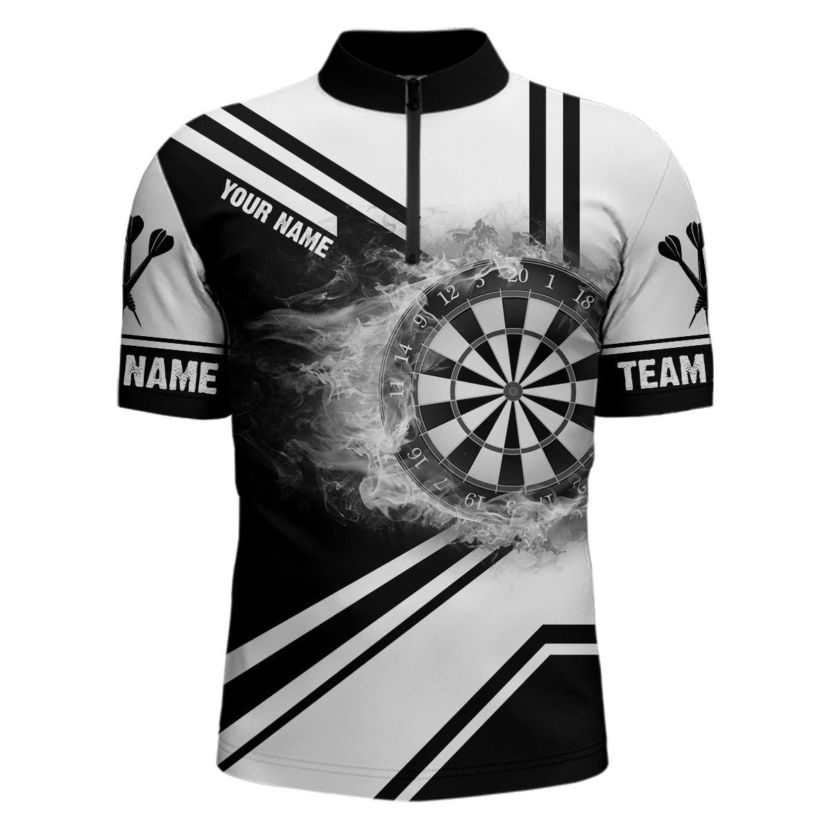 Individuelles Schwarz Weiß Feuerflamme Dartboard Quarter-Zip Shirt – Individuelles Dart Trikot für Männer LDT0993