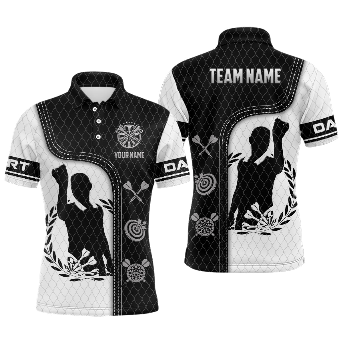Schwarz-Weiß 3D Allover-Druck Herren Darttrikot – Individuelle Shirts für Dartspieler LDT0994