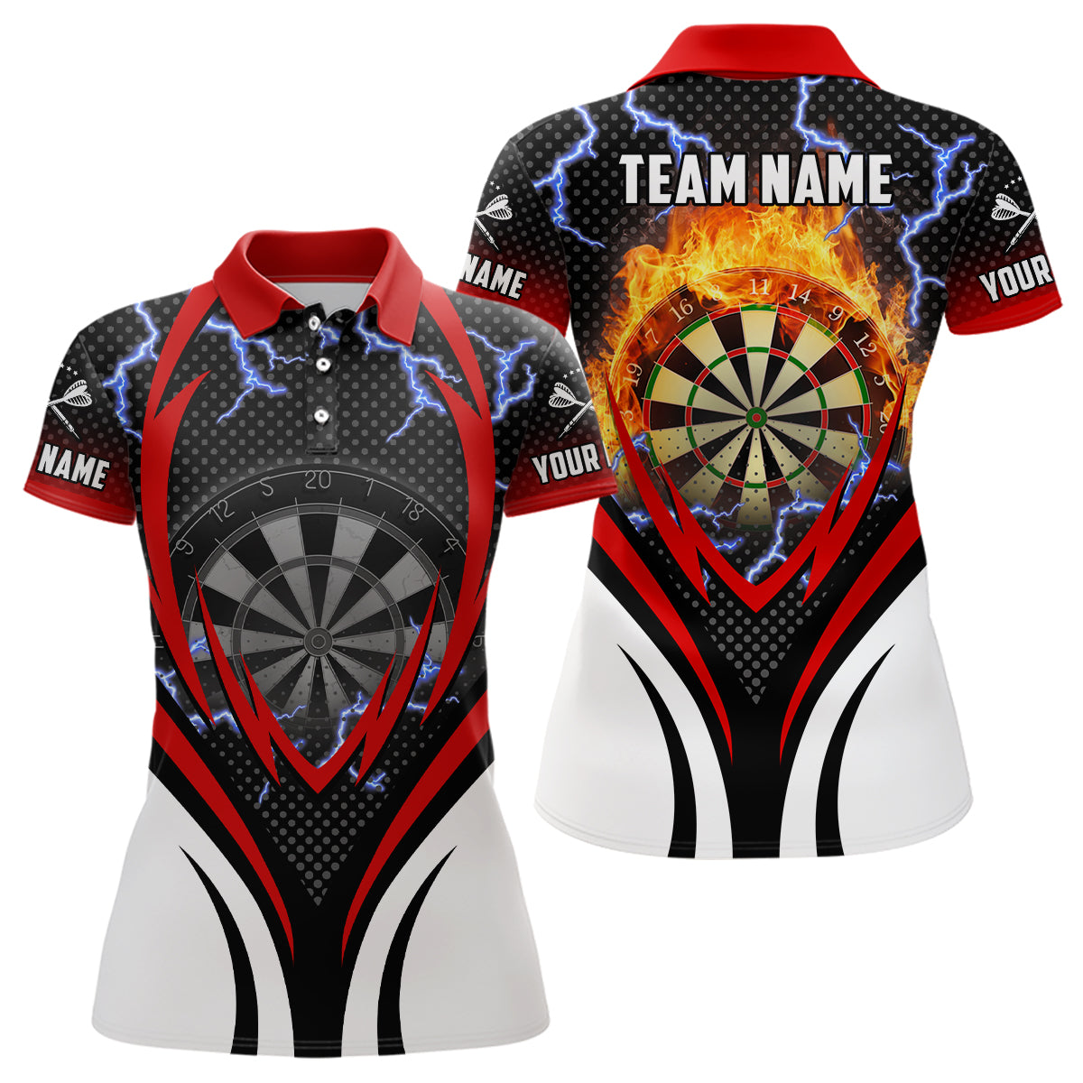 Roter Donner Blitz Damen Dart Poloshirt – Individuelles Flammen Trikot LDT1004