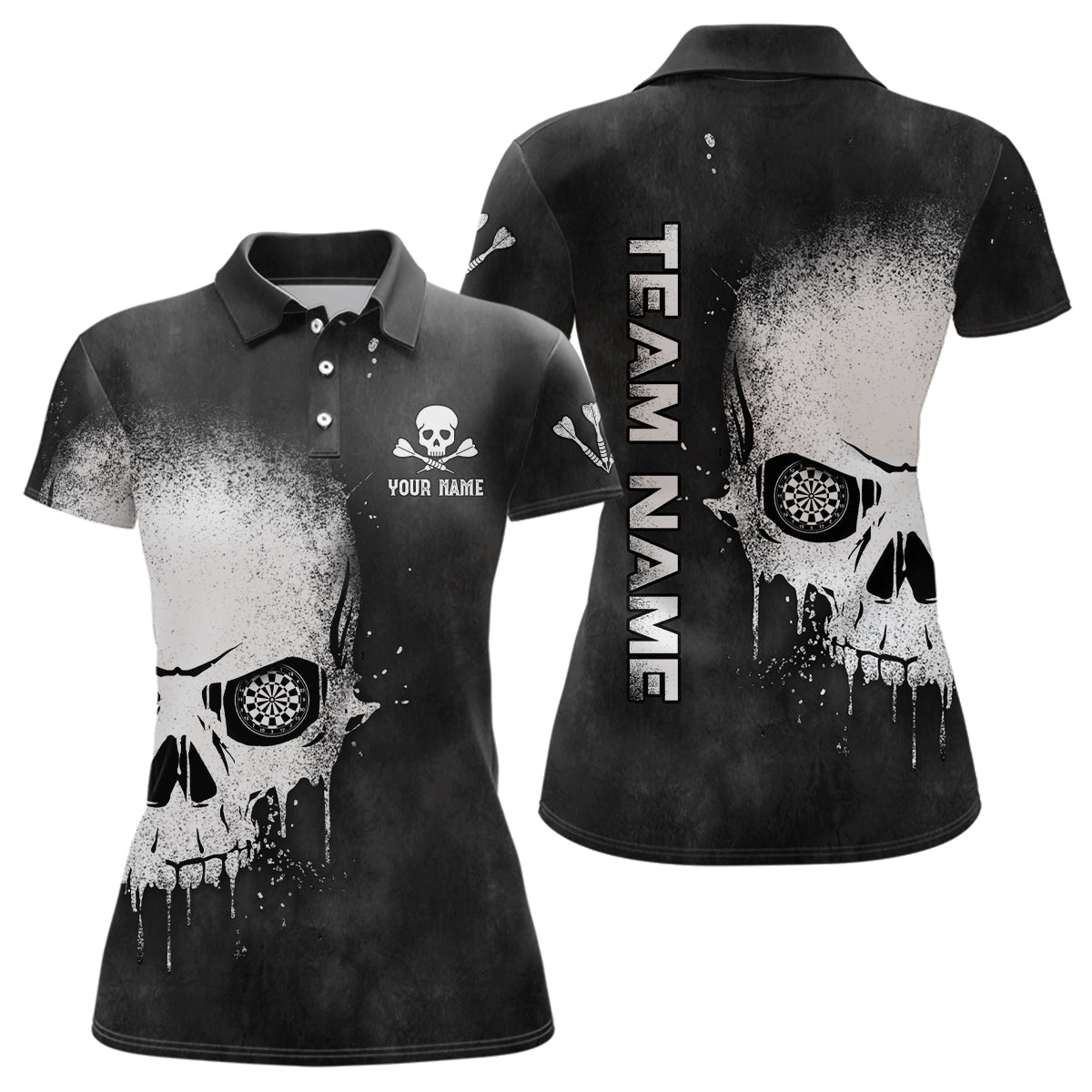 Rauchschädel Schwarz Weiß Darts Poloshirt – Individuelles Dart Shirt für Frauen – Gruselige Dart Trikots LDT1007
