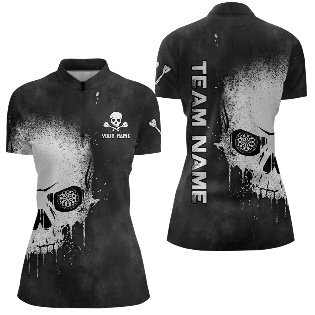 Schwarz & Weiß Smoke Skull Damen Dart Quarter-Zip Shirt – Individuelles Dart Trikot LDT1007