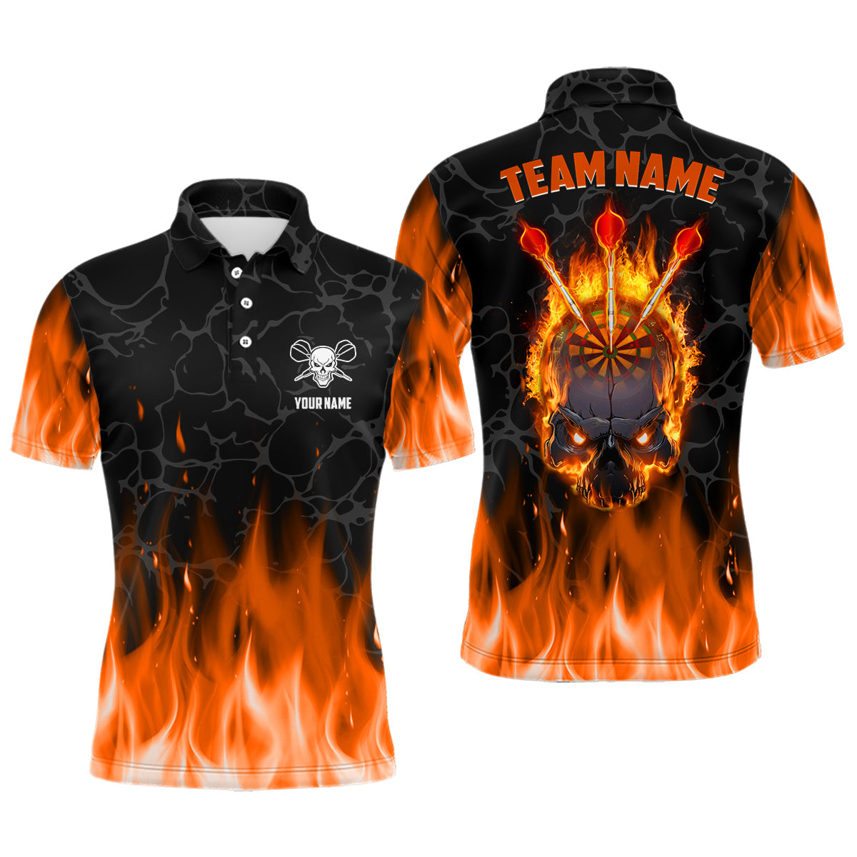 Orange Flammen-Schädel Herren Darts Poloshirt – Gruseliges Dartshirt für Männer Darttrikots LDT1421