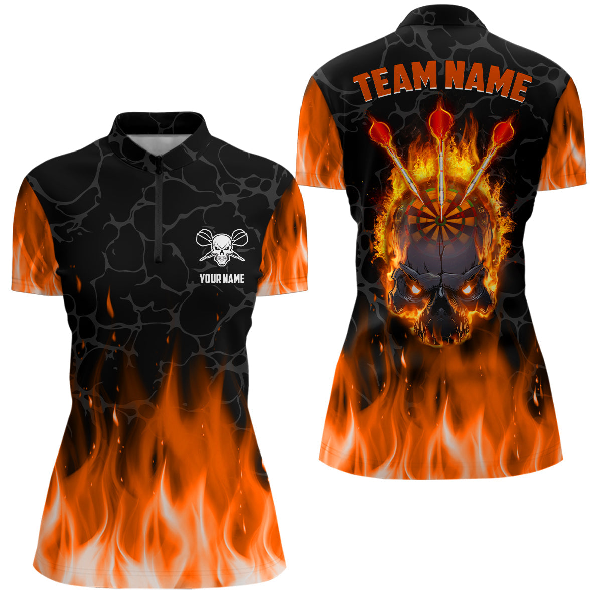 Orange Flame Skull Damen Dart Quarter-Zip Shirt - Individuelles Gruseliges Dart Trikot LDT1421