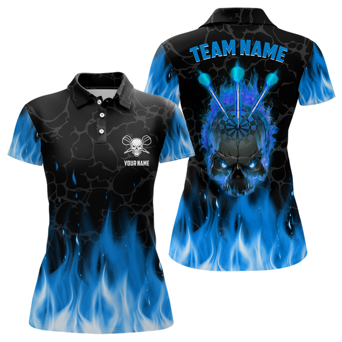 Blau Flammen Skull Damen Dart Poloshirt – Individuelles Gruseliges Dart Trikot LDT1422
