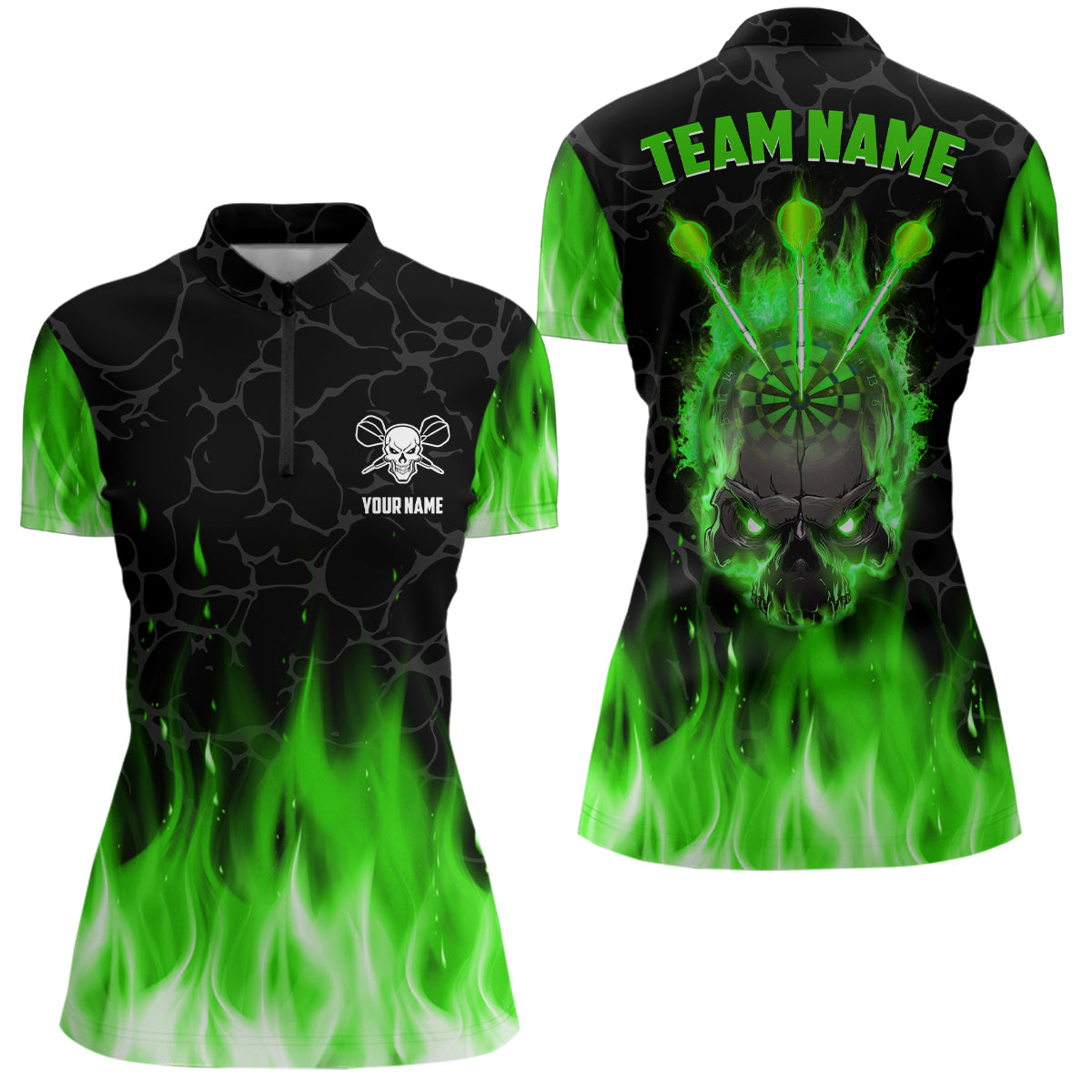 Grün Flame Skull Damen Dart Quarter-Zip Shirt - Individuelles Gruseliges Dart Trikot LDT1423