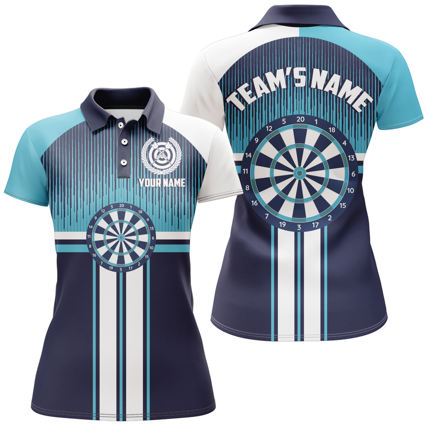 Individuelles Dartboard Sportstil Weiß-Blau Poloshirt – Darts Trikot für Damen LDT0416