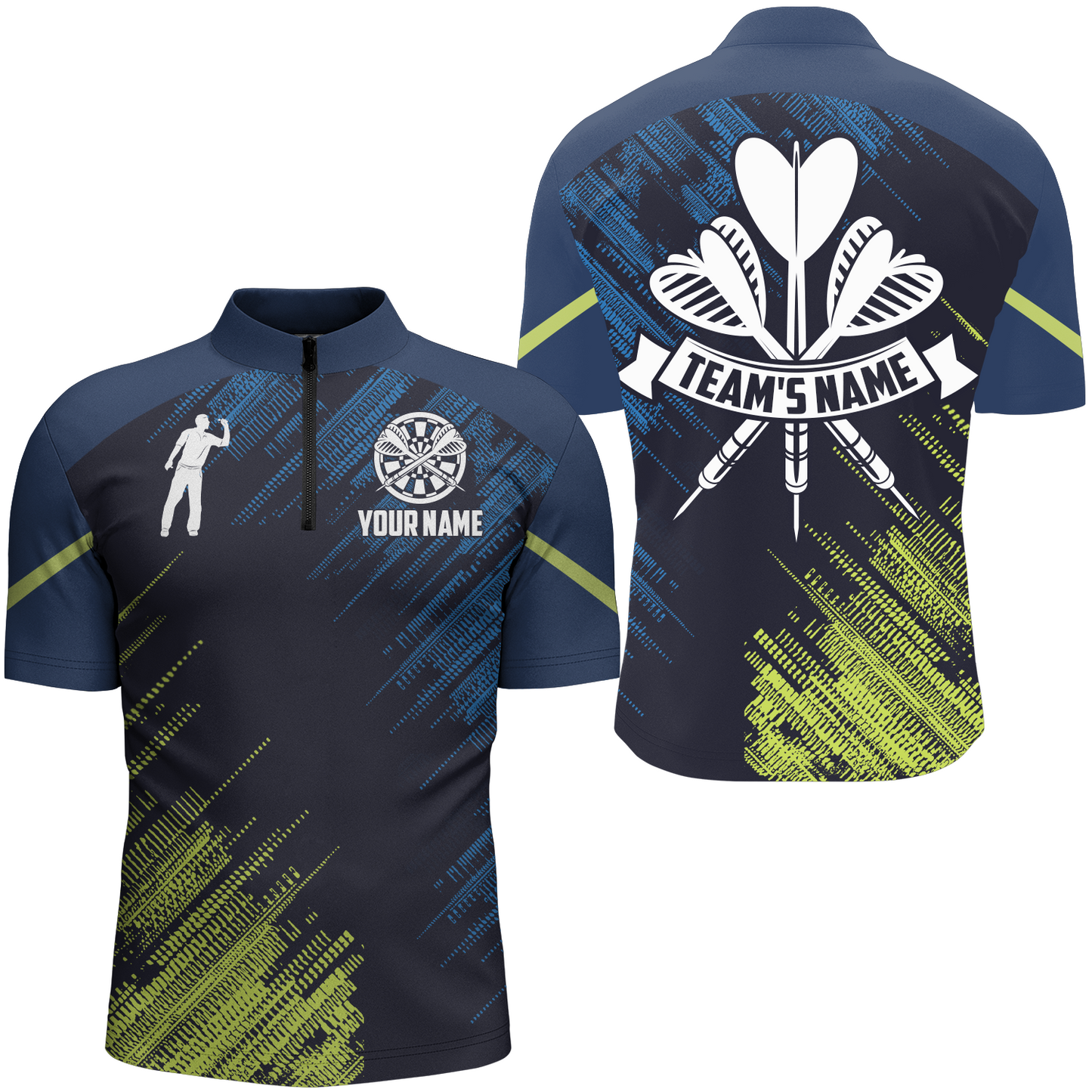 Personalisiertes Darts Sports Style Grün Blau Quarter-Zip Shirt – Darts Trikot für Männer LDT0421