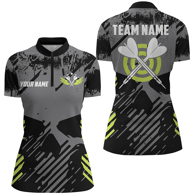 Individuelles Dart Schädel Grau Grunge Style Damen Quarter Zip Shirt, Beste Geschenkideen Für Dartspieler TDM1233