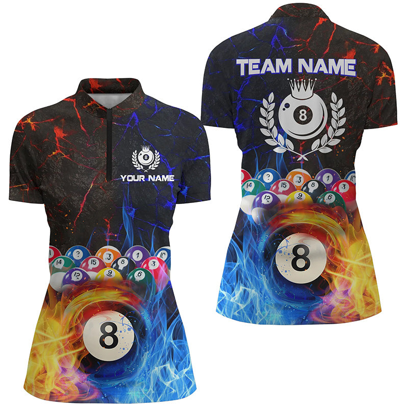 Billard 8-Ball Wasser-Feuer personalisiertes Damen-Quarter-Zip Shirt, Pool-Liga-Shirt TDM0571