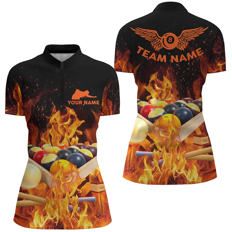 Personalisiertes Damen-Quarter-Zip Shirt mit brennenden Billardkugeln, 8-Ball-Pool-Liga-Shirt TDM0578