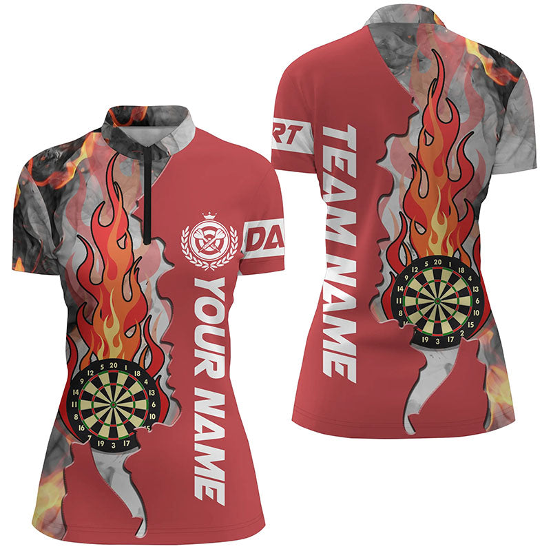 Individuelles rotes Darts Board Fire Flame Smoke Damen Quarter Zip Shirt, Dart Teamtrikot TDM1307