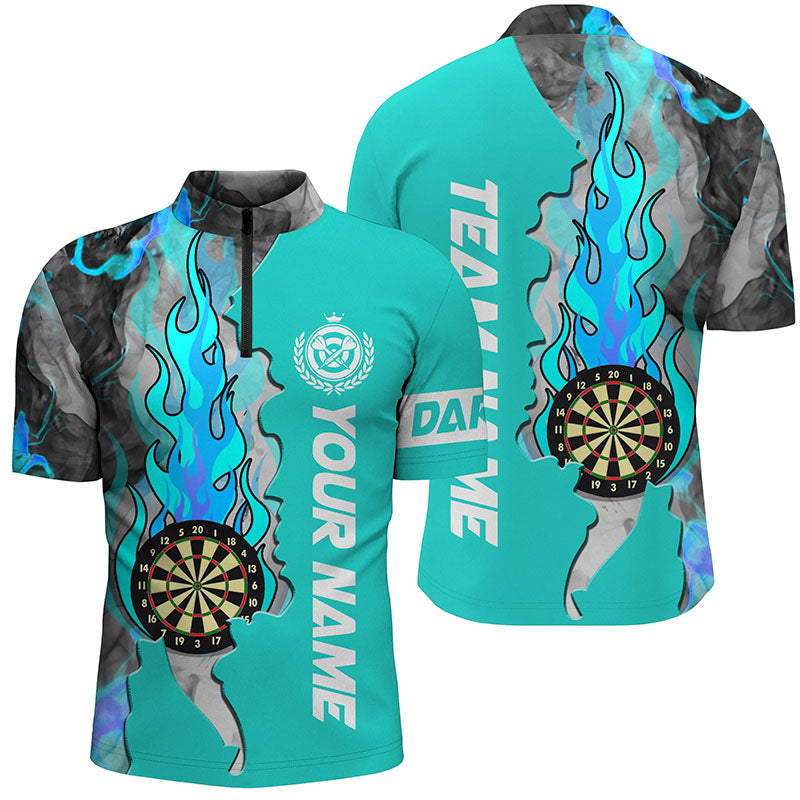 Individuelles Türkises Dartboard Feuer Flamme Rauch Herren Shirt mit Viertelreißverschluss, Dart Trikot TDM1308