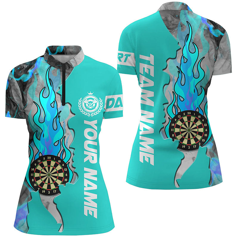 Individuelles türkises Dart Board Fire Flame Smoke Damen Quarter Zip Shirt, Dart Teamtrikot TDM1308