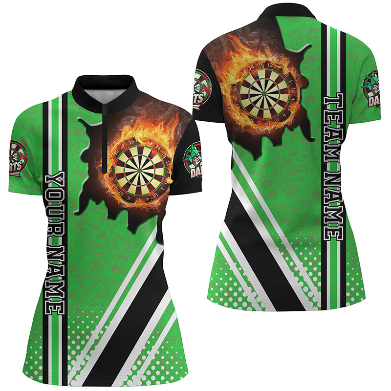 Individuelles schwarzes grünes Dartboard Fire Flame Damen Quarter Zip Shirt, Dart Teamtrikot TDM1335