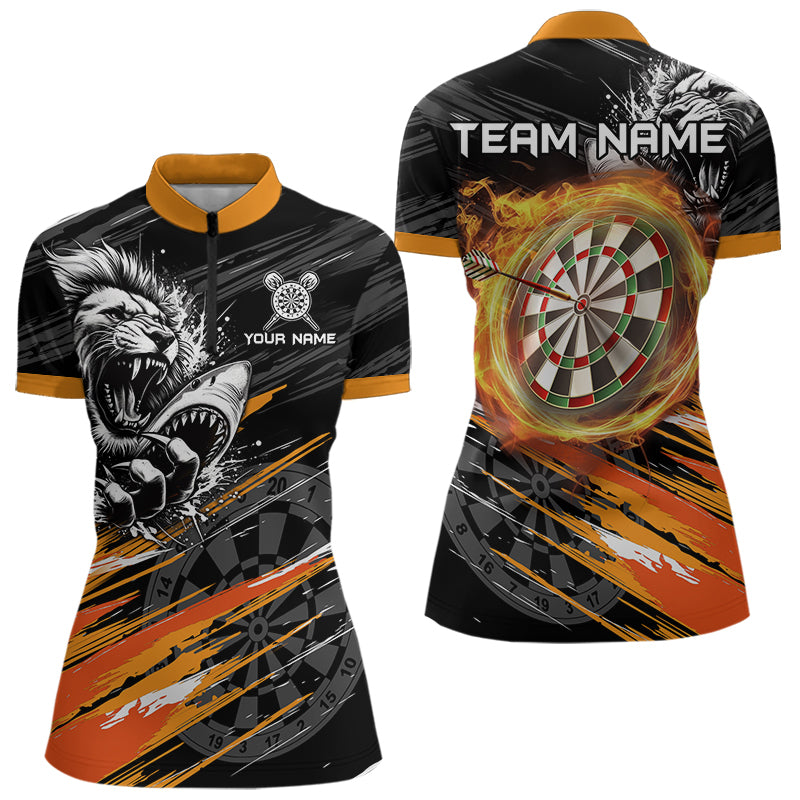 Individuelles Orange-Schwarz Grunge Löwe Hai Dart Damen Quarter Zip Shirt – Dart Trikot TDM3847