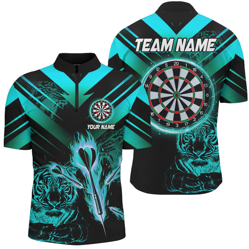Individuelles Türkises Pfeil Fire Tiger Dart Herren Shirt mit Viertelreißverschluss, Dart League Team Trikot TDM2689