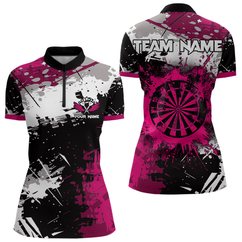 Individuelles Pink Grunge Farbspritzer Dart Damen Quarter Zip Shirt – Team Dart Trikots TDM3859